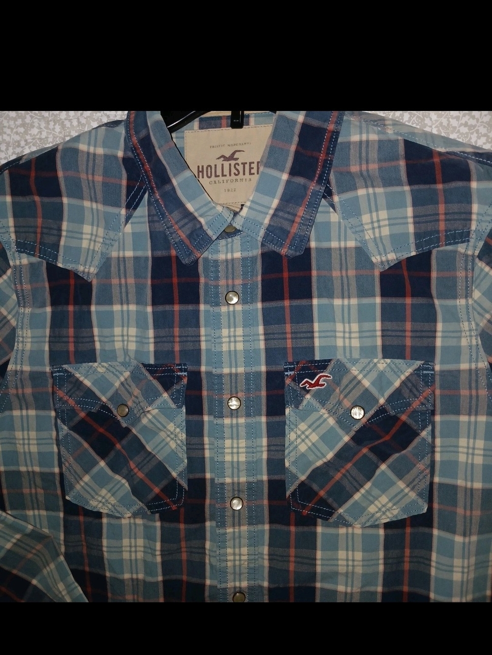 Y2K Hollister Young Men's Cut Blue Plaid Button-Up Shirt Sz XL Pearl Snap Slim